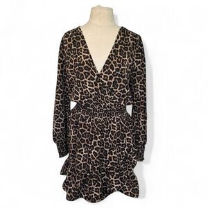 MICHAEL Michael Kors Women’s Leopard Print V-Neck Ruffle Dress (L)